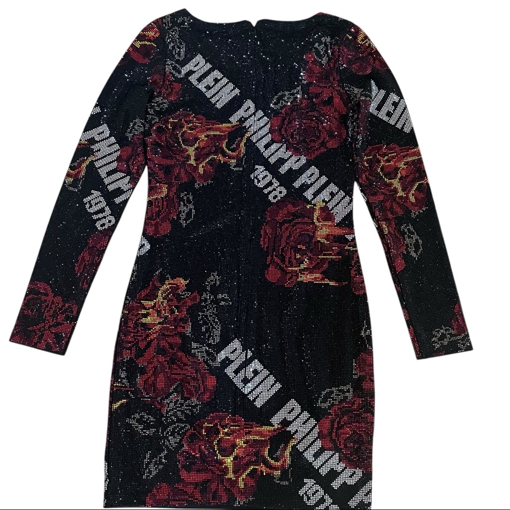 Philipp Plein Couture Crystal Mini Dress Logo 1978 Black Red Roses Medium